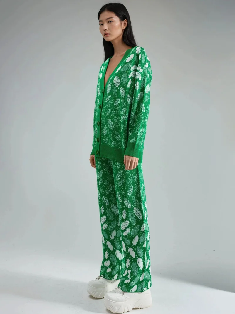 MY FASHION Green MY FASHION V-Neck Jacquard Knit Cardigan and Wide Leg Pants Set for Women | Best Price UAE